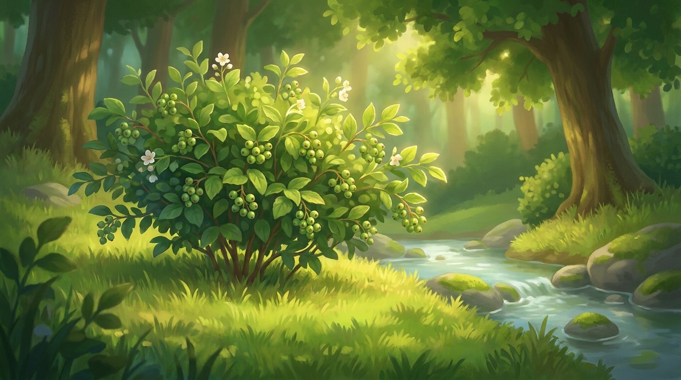 The Berry Bush — small green berries not yet ripe, beside the stream