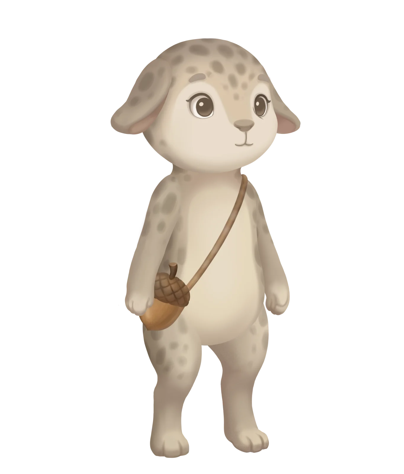 Tully the Hopnut carrying an acorn bag and looking ahead with curiosity