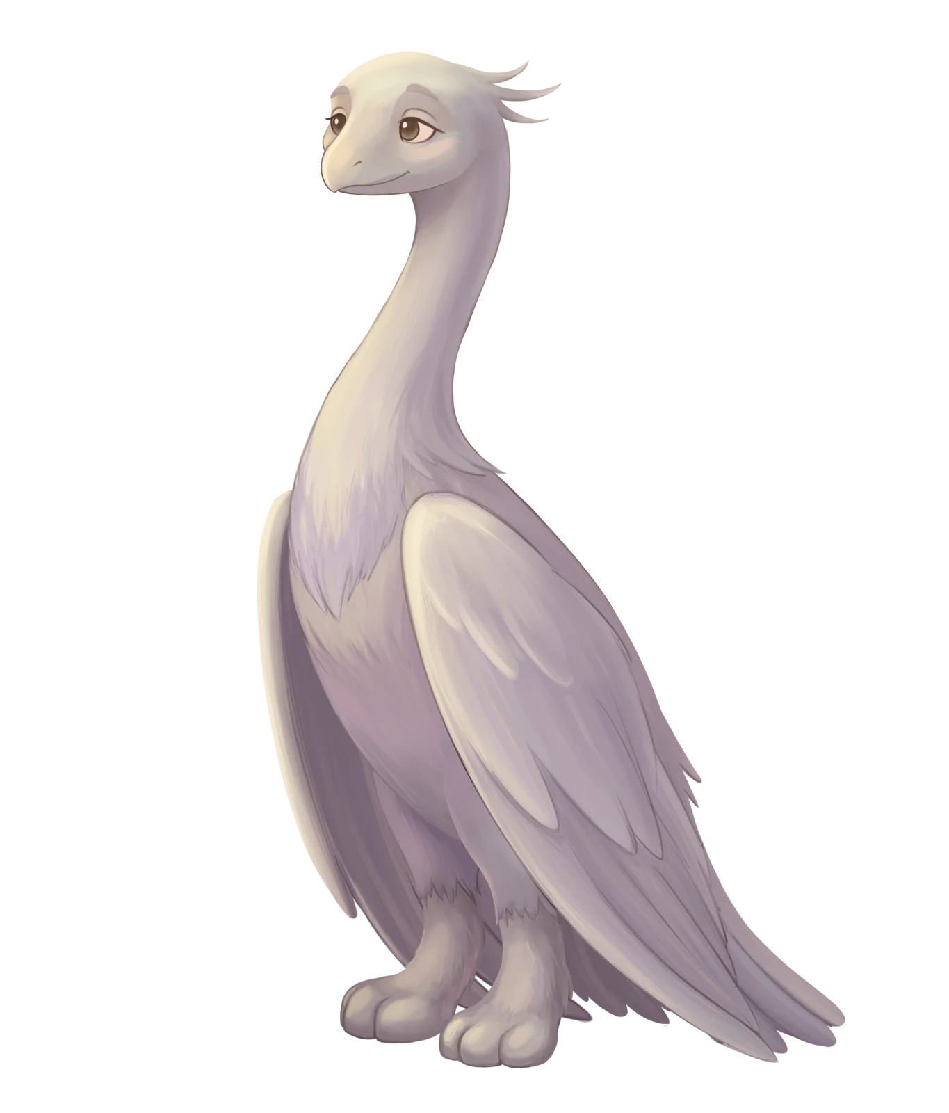 Wisple the Stillwing, a gentle lavender bird standing quietly and looking inward