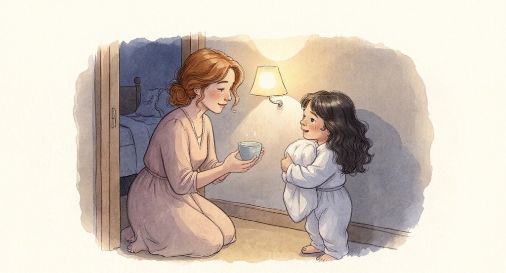 A watercolor illustration of a mother kneeling in a lamplit hallway at night, offering a small cup to a little girl in pajamas who is hugging her blanket.