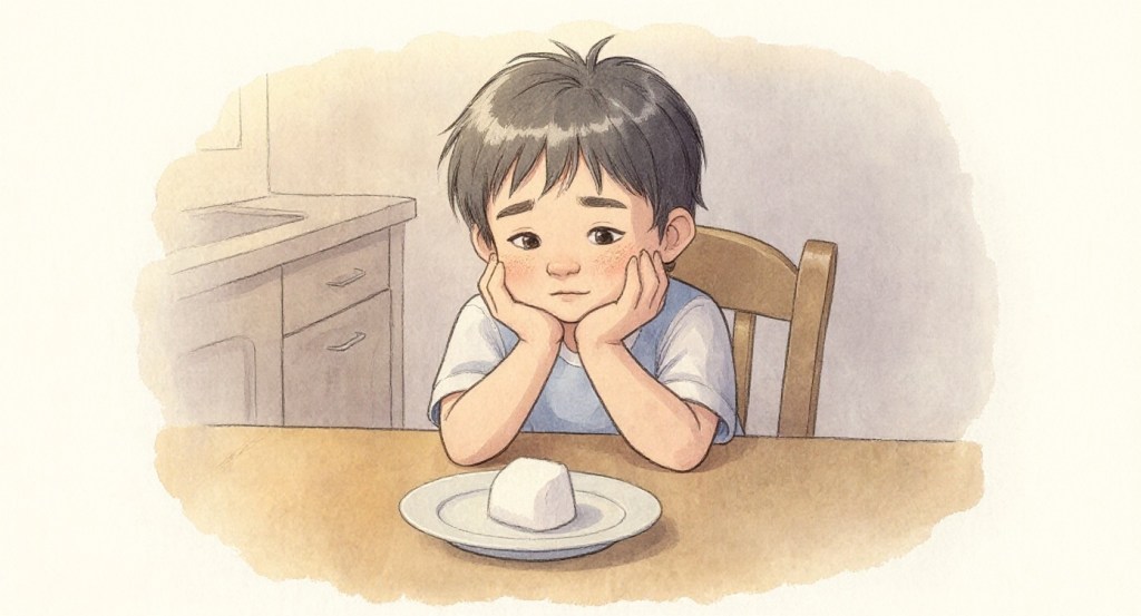 A watercolor illustration of a small boy sitting at a kitchen table, chin resting on his hands, looking at a single marshmallow on a plate.