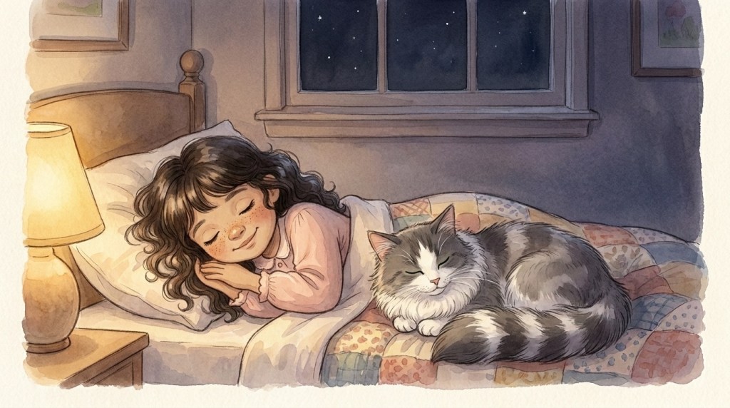 A watercolor illustration of a young girl asleep in bed with a lamp lit beside her and a grey cat curled up next to her, a starry night sky in the window.
