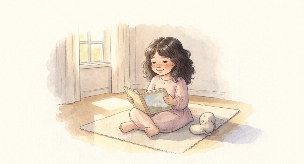A watercolor illustration of a young girl sitting on a rug in bright afternoon light, looking at a picture book, with a soft toy bunny beside her.