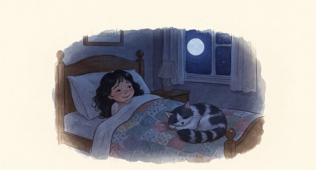 A watercolor illustration of a little girl lying awake in bed at night, smiling, with a cat asleep at the foot of the bed and a full moon in the window.