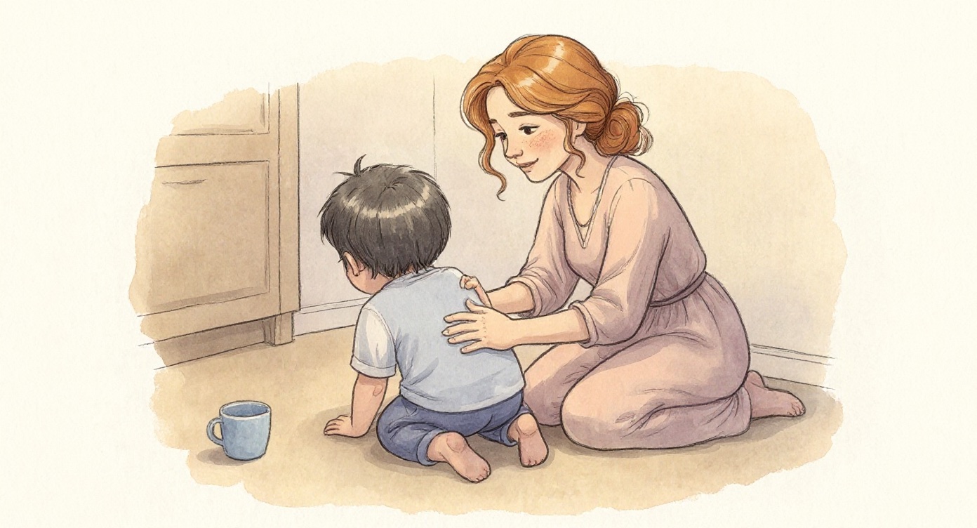 A watercolour illustration of a mother kneeling beside a small boy on the kitchen floor, a hand resting gently on his back.