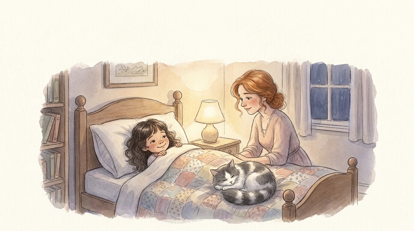 A watercolour illustration of a mother sitting beside her daughter's bed in soft lamplight, with a cat asleep on the quilt.