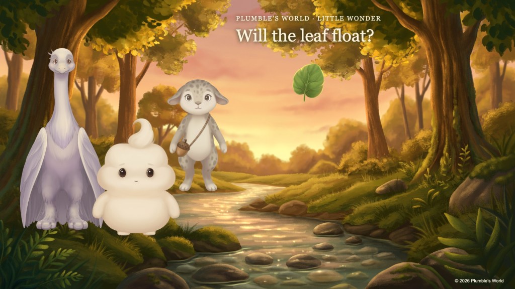 Plumble, Tully, and Wisple watch a green leaf above the stream in Will the Leaf Float?
